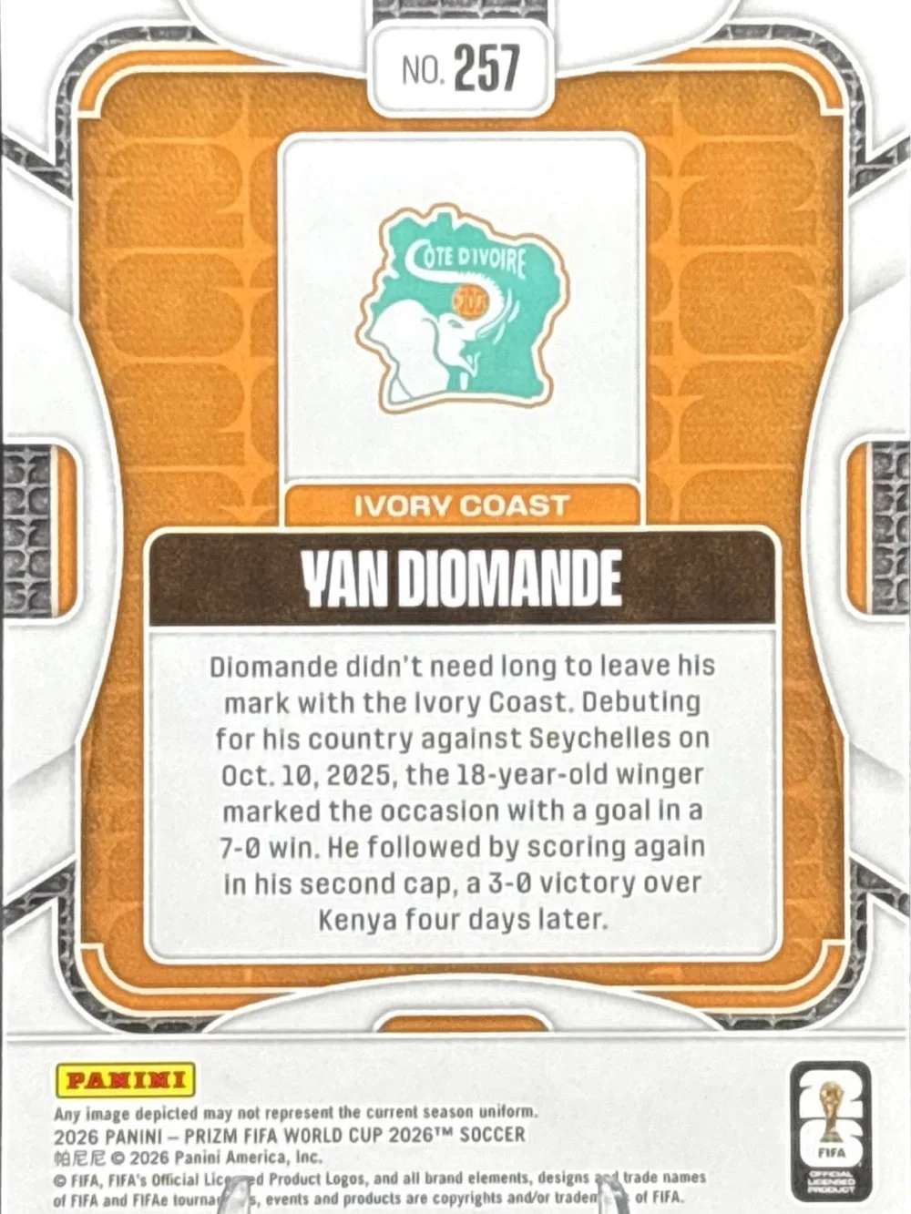 Panini Prizm Van Diomande Rookie Soccer Trading Card